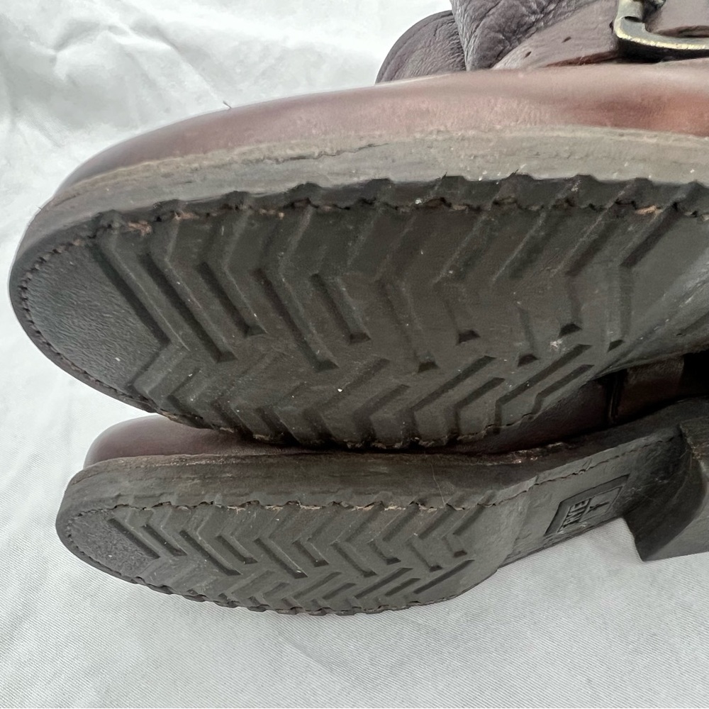 Frye harness buckle strap brown leather mid calf boots moto riding motorcycle 7B - Picture 8 of 16